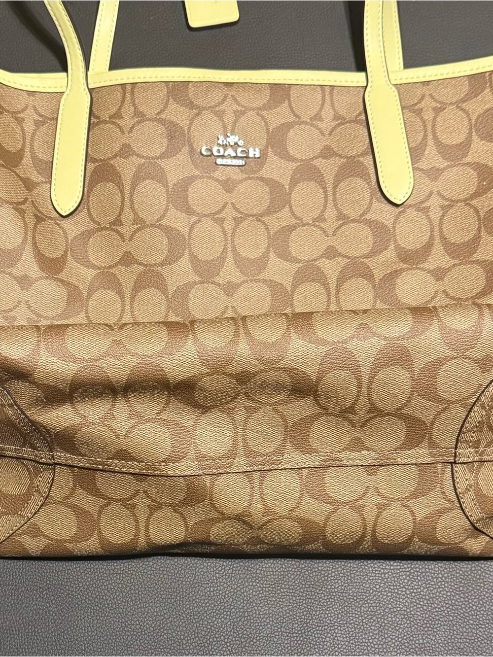 Coach Brown Signature Canvas Tote with Green Trim